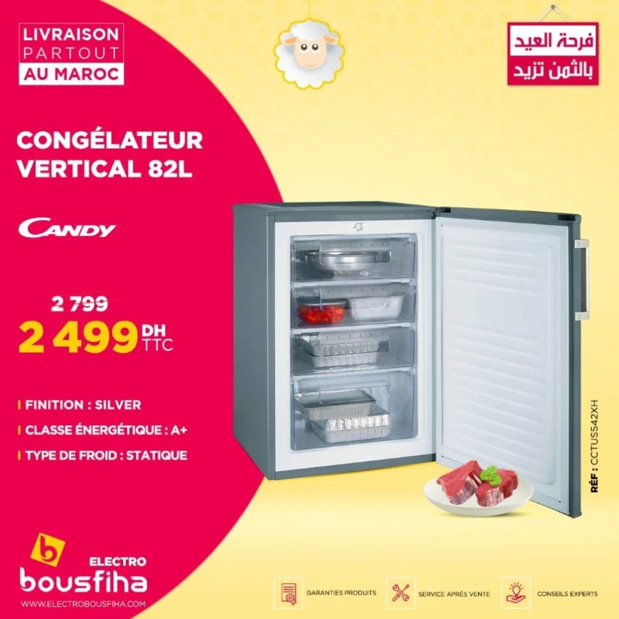 Soldes Electro Bousfiha Congélateur vertical 82 litres CANDY 2499Dhs au lieu de 2799Dhs