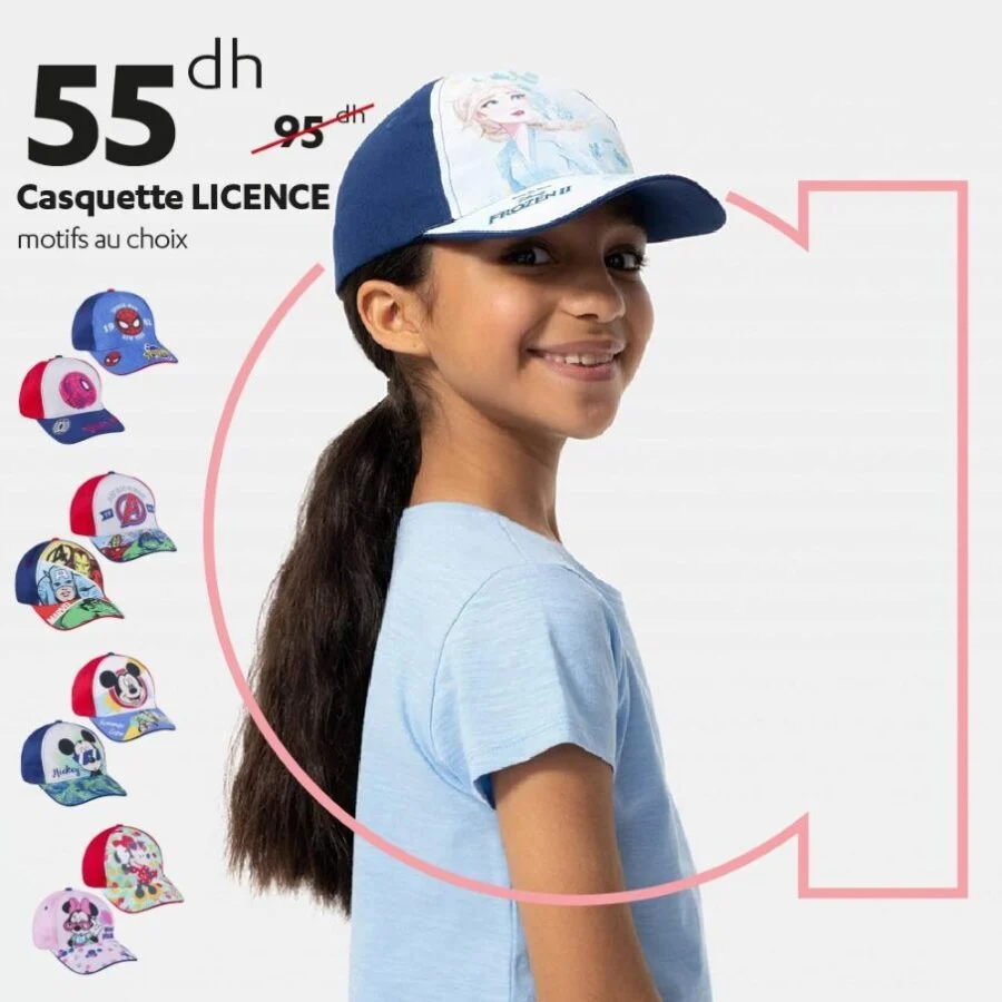 Offres d'été chez Alpha55 Casquette LICENCE enfant motifs au choix 55Dhs au lieu de 95Dhs