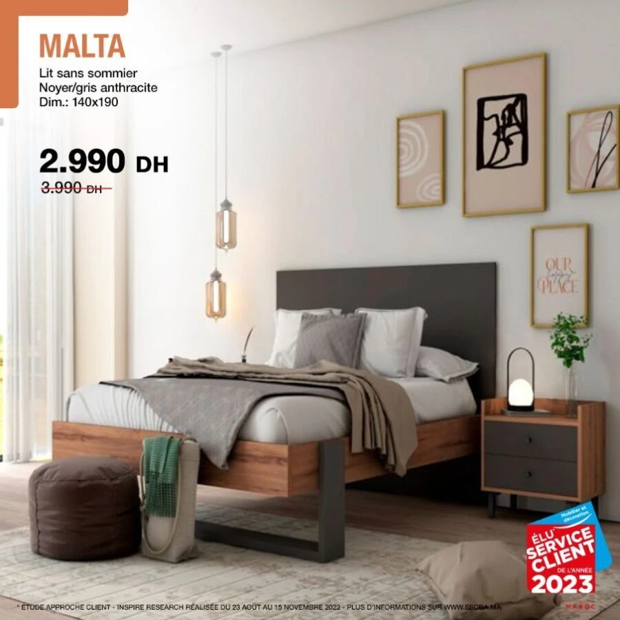 Offres d'été chez Kitea Lit sans sommier 140x190cm MALTA 2990Dhs au lieu de 3990Dhs