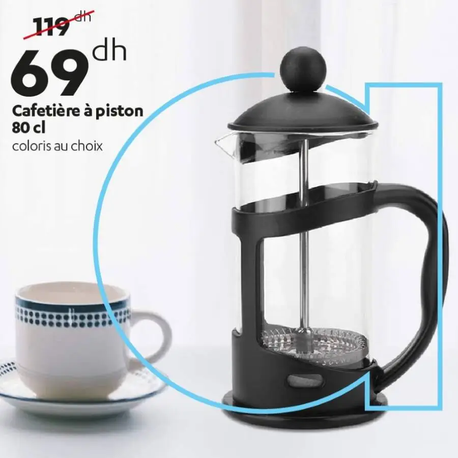 Offres soldée chez Alpha55 Cafetière à piston 80cm coloris au choix 69Dhs au lieu de 119Dhs