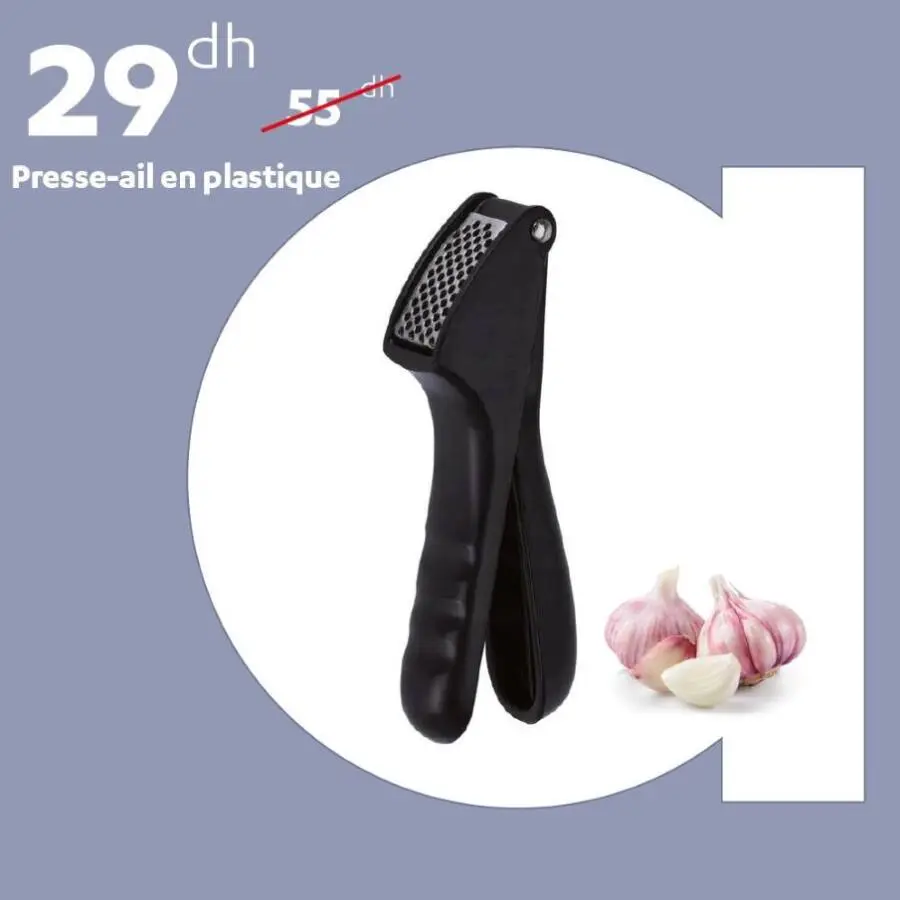 Offres soldée chez Alpha55 Presse-ail en plastique couleur noir 29Dhs au lieu de 55Dhs