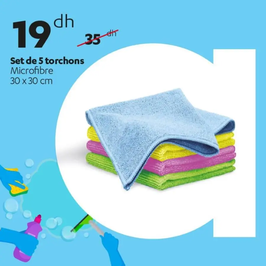 Offres soldée chez Alpha55 Set de 5 torchons Microfibre 30x30cm 19Dhs au lieu de 35Dhs