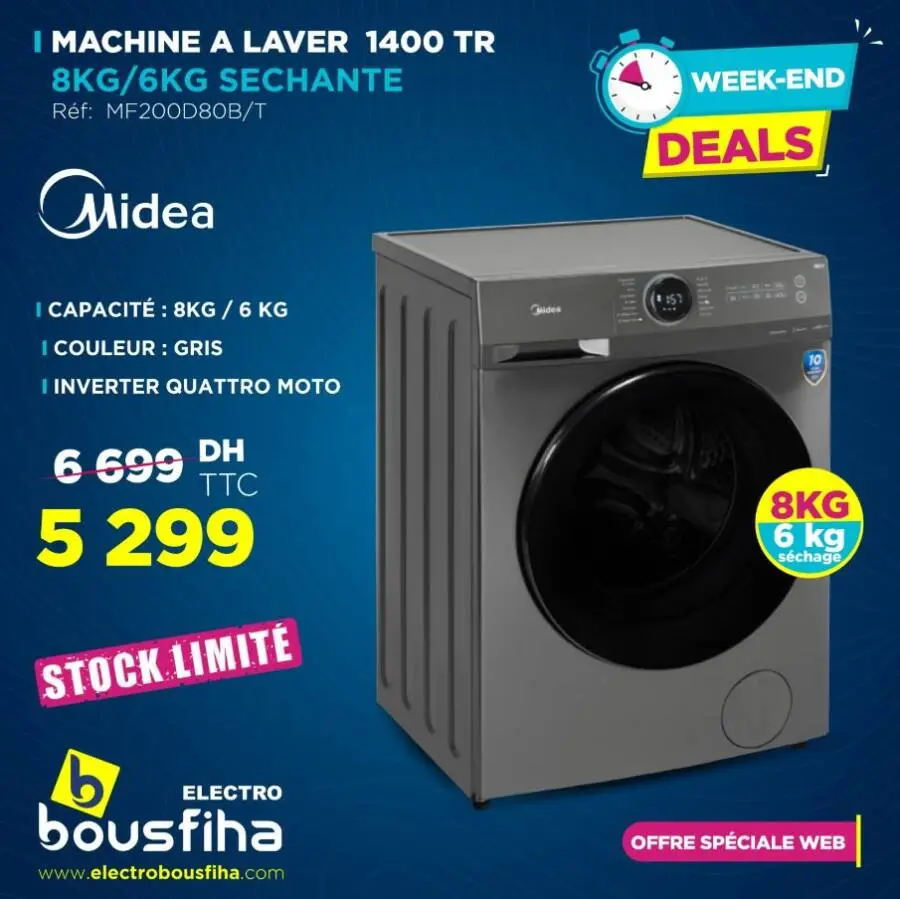 Week-end Deals chez Electro Bousfiha Machine à laver 8Kg/6Kg séchante MIDEA 5299Dhs au lieu de 6699Dhs