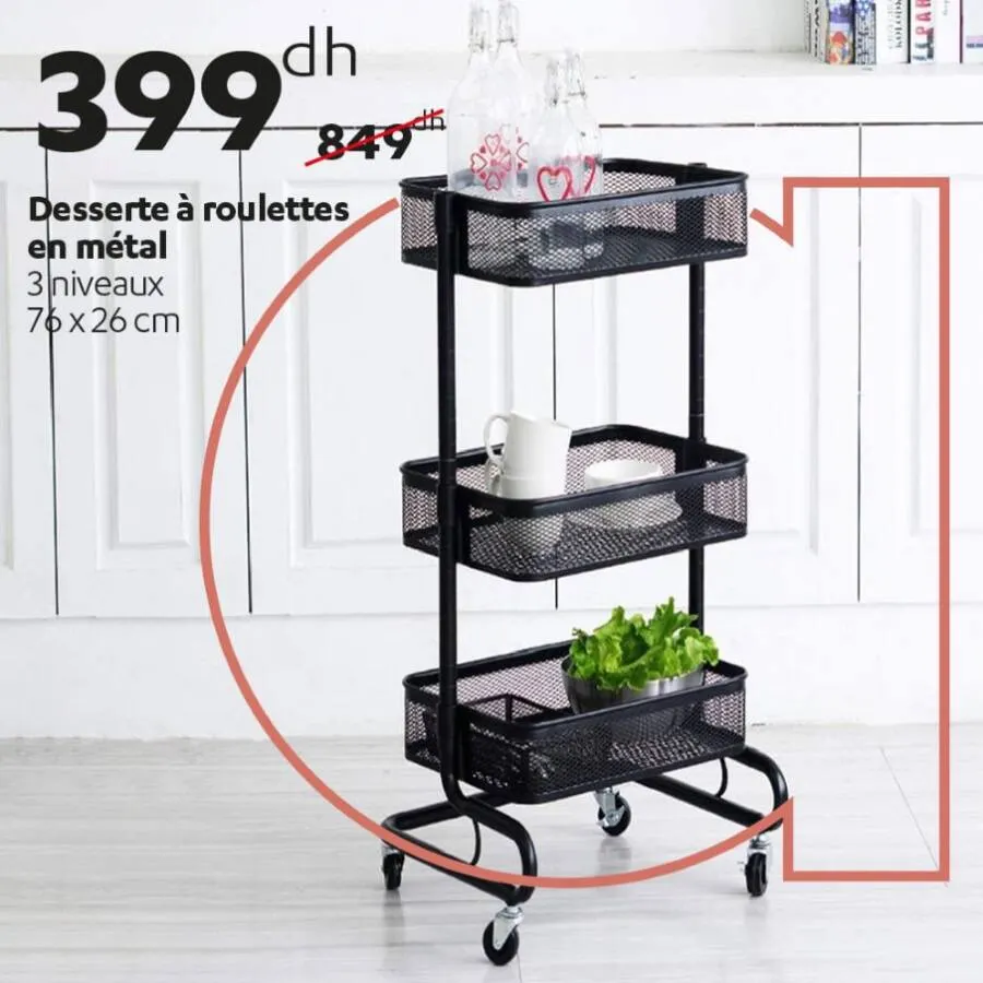 Desserte à roulettes en métal 3 niveaux 76x26cm 399Dhs au lieu de 849Dhs