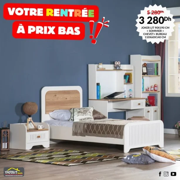 Lit 90x180cm + sommier + chevet + bureau