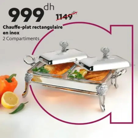 Chauffe-plat rectangulaire en inox 2 compartiments