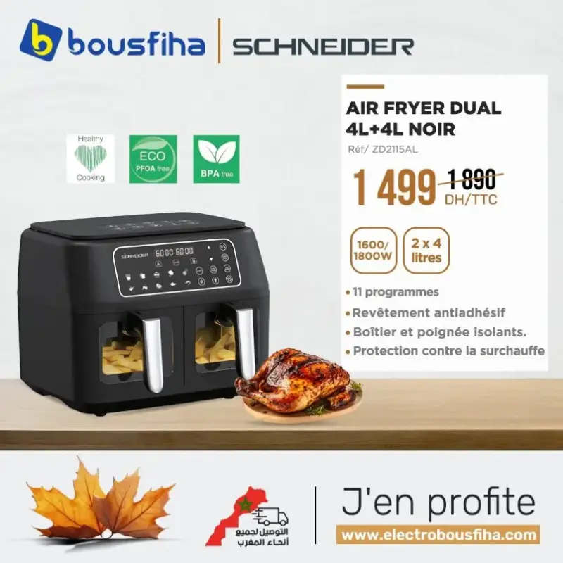 Air Fryer 4+4 litres noir SCHNEIDER