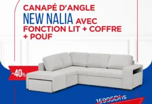 Canapé d'angle NEW NALIA av fonction lit + coffre et pouf