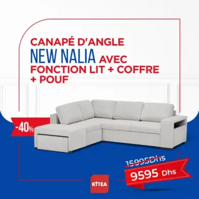 Canapé d'angle NEW NALIA av fonction lit + coffre et pouf